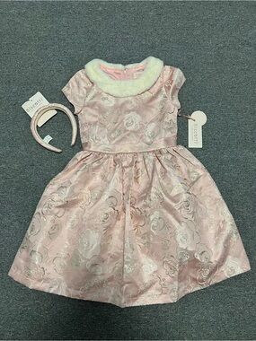 Biscotti Girl’s Light Pink Floral Jacquard Dress with Faux Fur Trim 8T